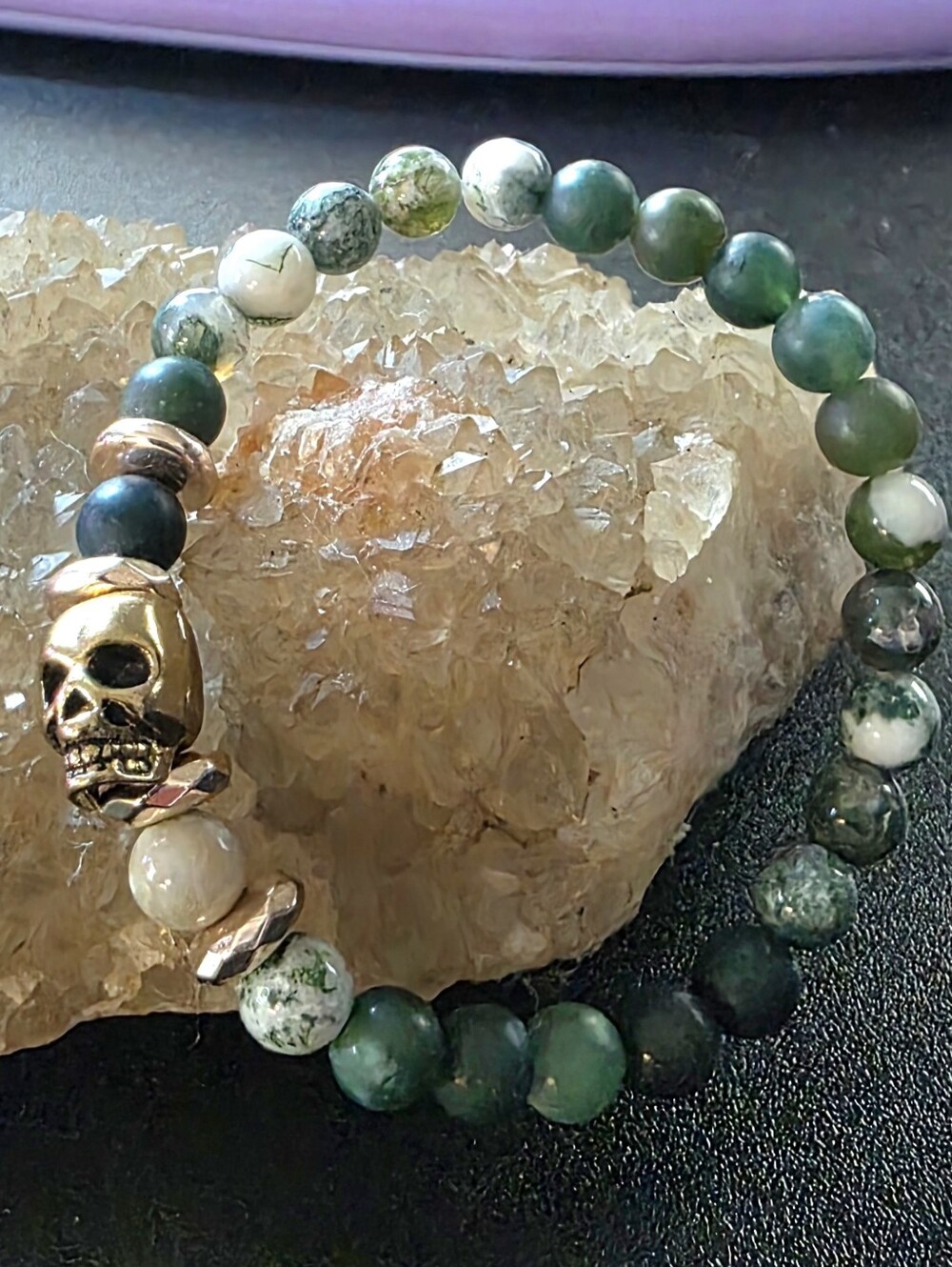 Green, Moss, And Tree Agate Beaded Bracelet with Skull Accent